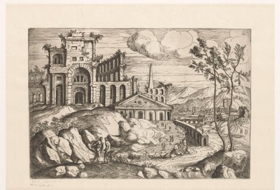 Paisaje con ruinas y arquitectura de fantasía sobre agua corriente con cascada
Paisaje con ruinas y arquitectura de fantasía y figuras con trajes antiguos y exóticos (título de la serie) de Giovanni Battista Pittoni (I)