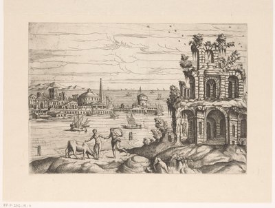 Paisaje urbano con ruinas y arquitectura de fantasía en el paseo marítimo
Paisajes con ruinas y arquitectura de fantasía y figuras con trajes antiguos y exóticos (título de la serie) de Giovanni Battista Pittoni (I)