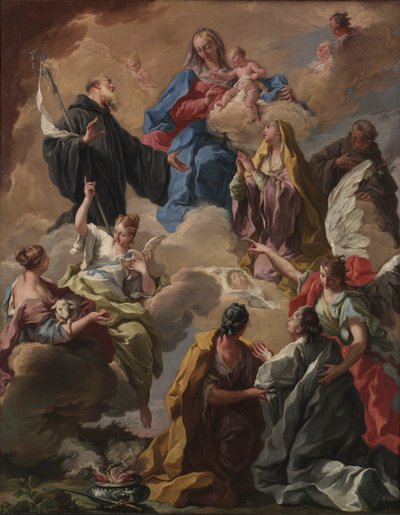 Santos presentando a una mujer devota a la Virgen y el Niño, 1720s de Giovanni Battista Pittoni