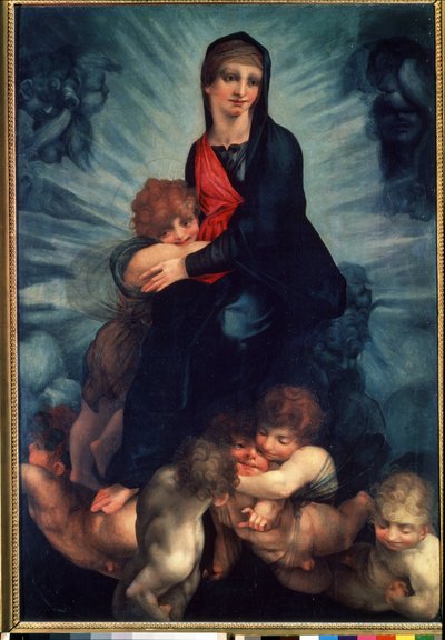 La Virgen y el Niño con ángeles (La Virgen y el Niño con ángeles). Pintura de Fiorentino Rosso (1495-1540). Óleo sobre tela de Giovanni Battista Rosso Fiorentino
