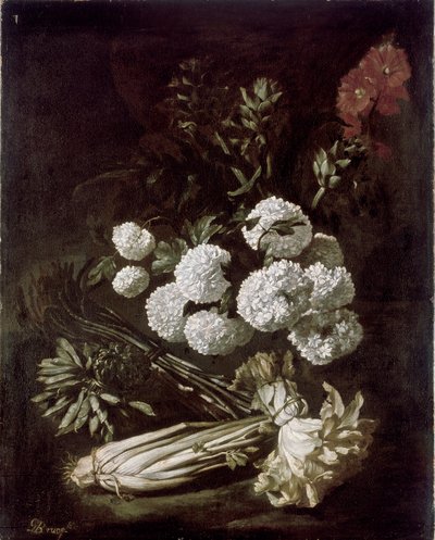 Naturaleza muerta de flores y vegetales, 1650s de Giovanni Battista Ruoppolo