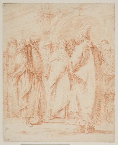 Un grupo de hombres reunidos frente a una puerta de Giovanni Battista Tiepolo