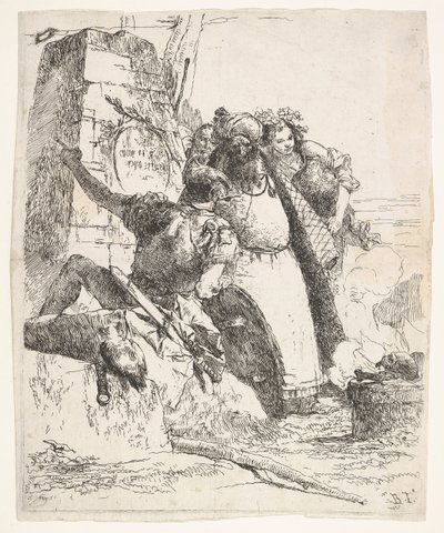 Una escena de nigromancia: una mujer con un recipiente, un hombre con turbante y un soldado miran..., ca. 1743-57 de Giovanni Battista Tiepolo