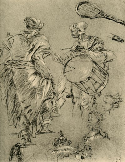 Hombre visto desde atrás, un tamborilero y pequeños estudios, 1751-1752, 1928 de Giovanni Battista Tiepolo