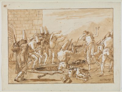 Punchinello recuperando aves muertas de un pozo, c.1800 de Giovanni Battista Tiepolo