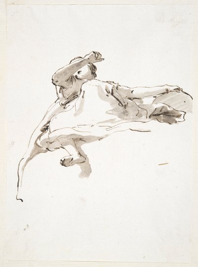 Figura femenina reclinada, mano izquierda apoyada en el globo terráqueo, brazo derecho levantado frente a la cara, visto desde abajo de Giovanni Battista Tiepolo