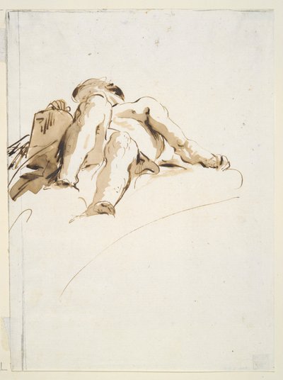 Desnudo masculino reclinado con la mano derecha apoyada sobre una placa de piedra, visto desde abajo de Giovanni Battista Tiepolo