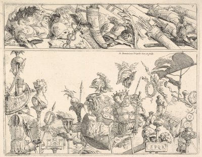 Armas romanas, estandartes y trofeos, una composición dividida en dos bandas horizontales de Giovanni Battista Tiepolo