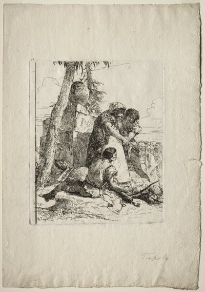Scherzi di Fantasia: Mago señalando una cabeza ardiente a dos jóvenes, 1750s de Giovanni Battista Tiepolo