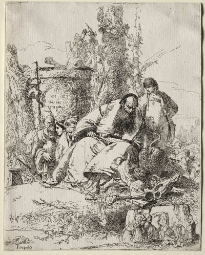 Scherzi di Fantasia: Mago sentado, niño y cuatro figuras de Giovanni Battista Tiepolo