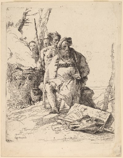 Mago sentado con otras figuras junto a un altar de Giovanni Battista Tiepolo