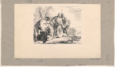 Mujer sentada, joven soldado y mago, de los Vari Capricci de Giovanni Battista Tiepolo