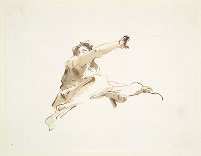 Figura sentada con la cabeza girada hacia la izquierda y el brazo derecho levantado, visto desde abajo de Giovanni Battista Tiepolo
