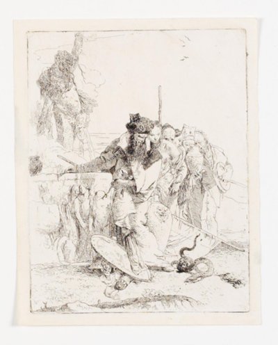 Seis personas observando una serpiente. Hoja de la serie Scherzi di fantasia. (Rizzi 15; De Vesme 24) de Giovanni Battista Tiepolo