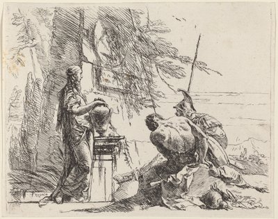 Mujer de pie y hombres sentados frente a un obelisco de Giovanni Battista Tiepolo