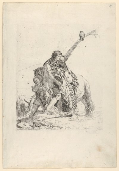 Tres hombres de pie junto a un caballo, de los Scherzi, ca. 1740 de Giovanni Battista Tiepolo