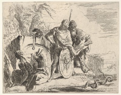 Tres figuras y una serpiente enrollada alrededor de un bastón, rodeadas por un paisaje de Giovanni Battista Tiepolo