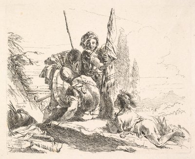 Tres soldados y un joven acostado sobre su abdomen en un paisaje, los soldados llevan una..., ca. 1740-42 de Giovanni Battista Tiepolo