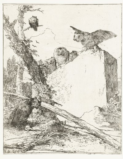 Impresión de título para Scherzi di fantasia con búhos cerca de una piedra Scherzi di fantasia (título de la serie) de Giovanni Battista Tiepolo
