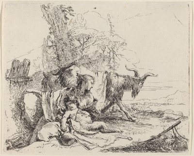 Mujer, niño sátiro y cabra en un paisaje de Giovanni Battista Tiepolo