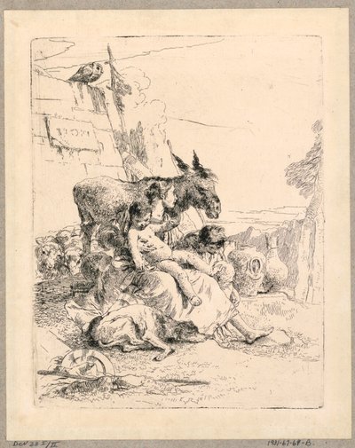 Mujer con dos niños y un burro, lámina 21 de los Scherzi di Fantasia de Giovanni Battista Tiepolo