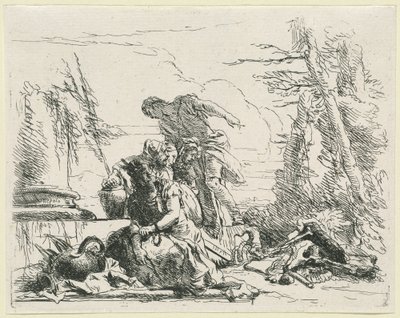 Mujeres y hombres observando una pira ardiente de huesos de Giovanni Battista Tiepolo