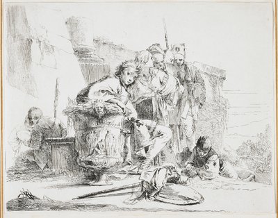 Joven sentado, apoyado en una urna, placa de Vari Capricci, 1740s de Giovanni Battista Tiepolo
