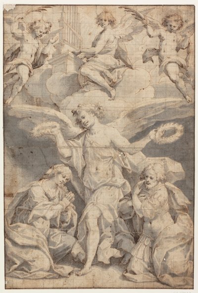 Un ángel corona a una mujer y a un soldado arrodillados, mientras dos ángeles en las nubes vienen volando con ramas de palma y un tercero toca el órgano de Giovanni Battista Trotti