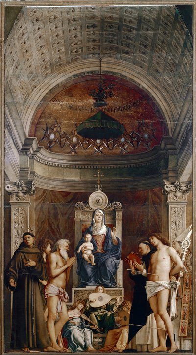 Retablo de San Job: Virgen y Niño con seis santos y ángeles músicos de Giovanni Bellini