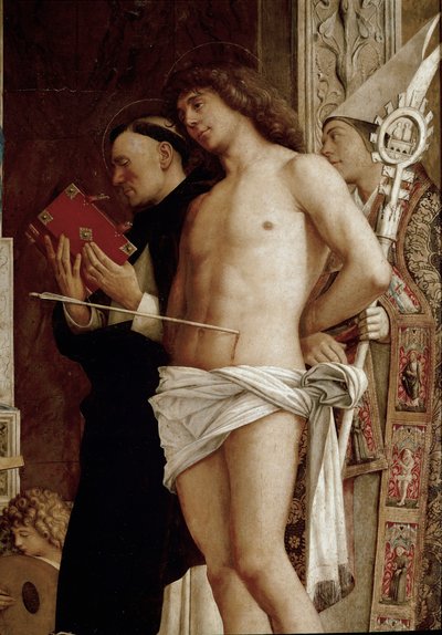 Retablo de San Job: Virgen y Niño con seis santos y ángeles músicos (detalle) de Giovanni Bellini