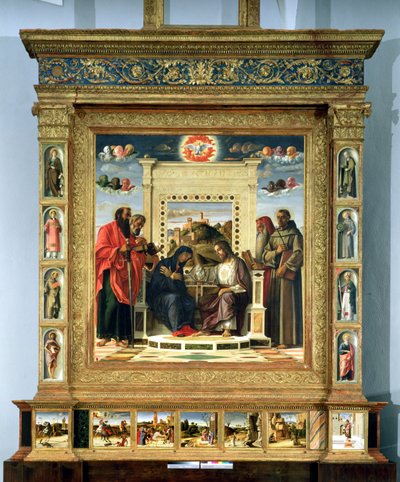 Coronación de la Virgen con San Pablo, San Pedro, San Jerónimo y San Francisco de Asís con escenas de las vidas de los santos en el panel predela, conocido como el retablo Pala di Pesaro, c.1474 de Giovanni Bellini