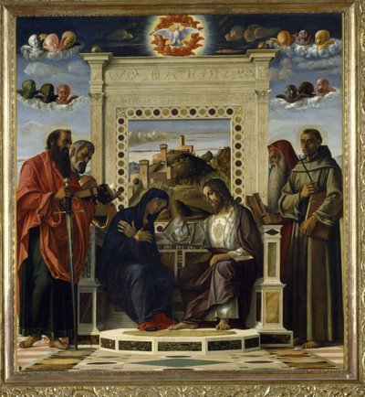 Coronación de la Virgen con SS. Pablo, Pedro, Jerónimo y Francisco de Asís con escenas de las vidas de los santos en el panel predela, conocido como el retablo 