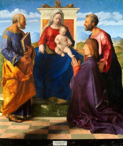 Madonna y el Niño entronizados con San Pedro y San Pablo y un donante de Giovanni Bellini
