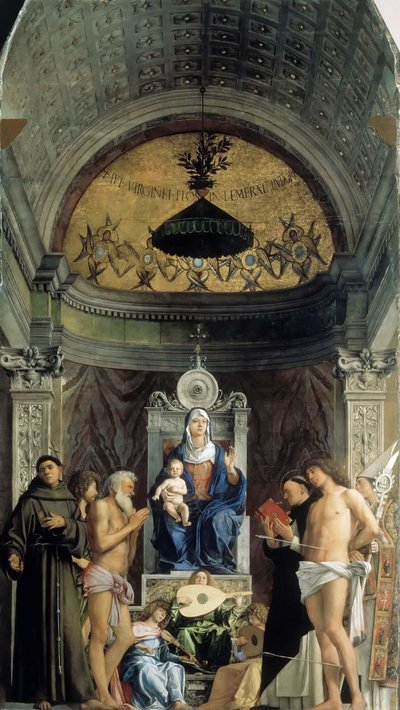 Madonna y el Niño, ángeles musicales y los Santos Francisco, Juan el Bautista, Job, Domingo..., ca 1487 de Giovanni Bellini