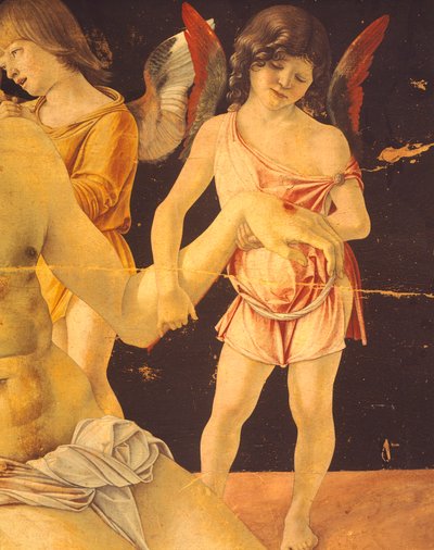 Piedad o Cristo muerto sostenido por ángeles, hacia 1474, de Giovanni Bellini (1431-36 - 1516), temple sobre tabla, 91x131 cm. Detalle. de Giovanni Bellini