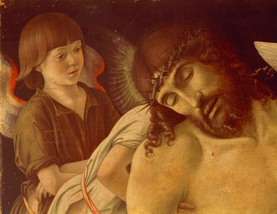 Piedad o Cristo muerto sostenido por ángeles, hacia 1474, de Giovanni Bellini (1431-36 - 1516), temple sobre tabla, 91x131 cm. Detalle. de Giovanni Bellini