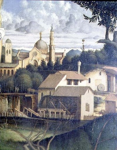 La crucifixión, detalle de la arquitectura en el fondo c.1505 de Giovanni Bellini