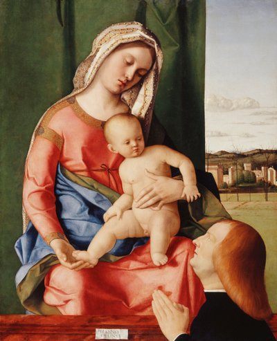 La Madonna y el Niño con un donante masculino, un paisaje al fondo de Giovanni Bellini