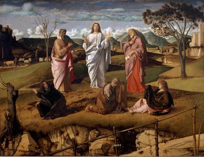 La transfiguración de Cristo. Los personajes del Antiguo Testamento Moisés y Elías están representados alrededor de Jesús de Giovanni Bellini