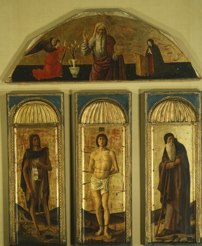 Tríptico de San Sebastián de Giovanni Bellini (1431-36 - 1516) y otros pintores, temple sobre tabla, tabla central 127x48, tablas laterales 103x45, luneto 59x170 de Giovanni Bellini