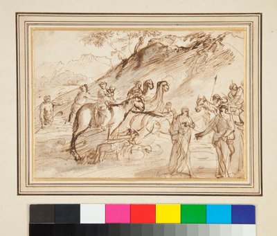 Encuentro entre Dos Hombres, Caballos y Camellos en el Fondo de Giovanni Benedetto Castiglione