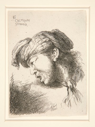 Un Hombre sin Barba, visto de perfil y girado a la derecha. Tiene la boca abierta como para gritar, de la serie Les petites tetes d de Giovanni Benedetto Castiglione