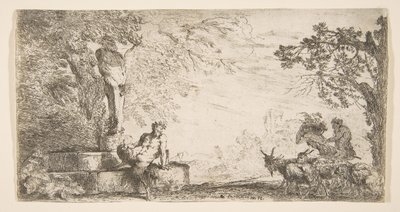 Un sátiro reclinado al pie de una estatua de Príapo, cabras a la derecha, ca. 1645-48 de Giovanni Benedetto Castiglione