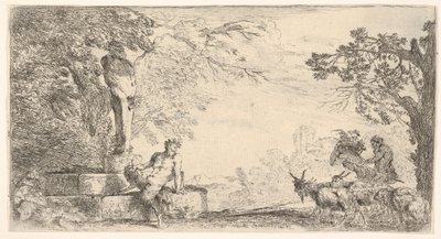 Un sátiro reclinado al pie de una estatua de Príapo, cabras a la derecha, ca. 1645-48 de Giovanni Benedetto Castiglione
