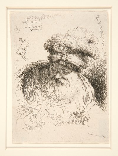 Un anciano con una gran barba, visto de frente, con la cabeza y los ojos bajos, de la serie Les petites tetes d de Giovanni Benedetto Castiglione