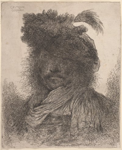 Hombre barbudo con rostro sombreado, usando una bufanda y un sombrero con pluma de Giovanni Benedetto Castiglione