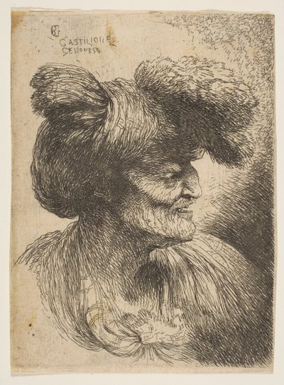 Busto de anciano sin barba de perfil mirando a la derecha, de la serie de Cabezas Pequeñas de Giovanni Benedetto Castiglione