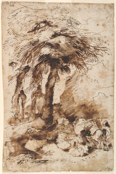 Caravana en reposo cerca de un herma de Giovanni Benedetto Castiglione