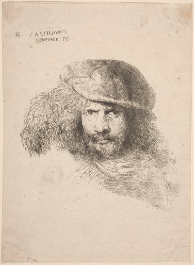 Cabeza de un joven con sombrero emplumado (supuesto autorretrato) de Giovanni Benedetto Castiglione