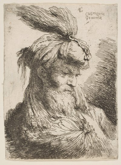Cabeza de un hombre barbudo con turbante mirando a la derecha, de la serie de Pequeñas Cabezas..., ca. 1645-1650 de Giovanni Benedetto Castiglione